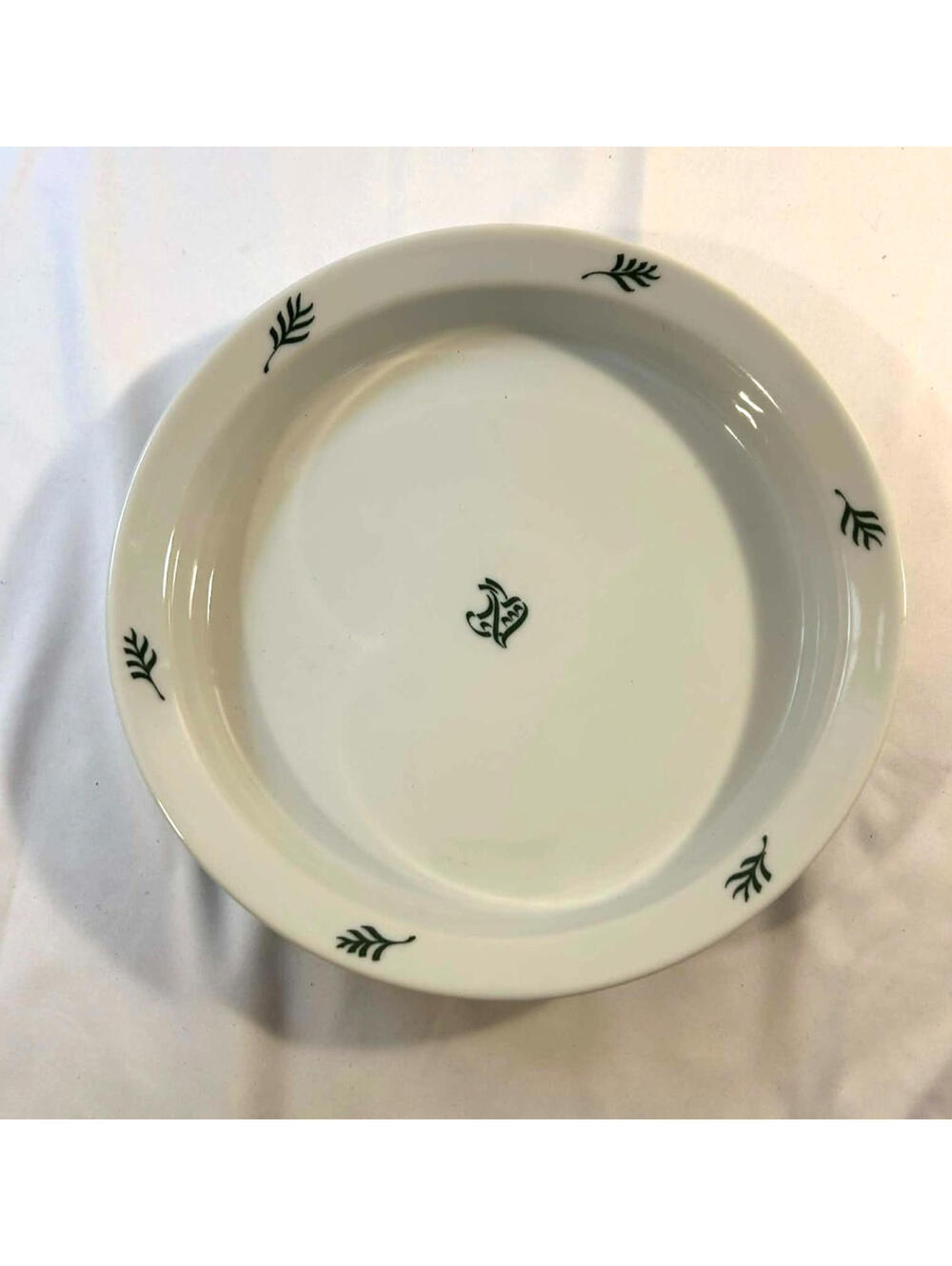 Vintage White Ceramic Dinner Plate Green Leaf Motif Minimalist Farmhouse